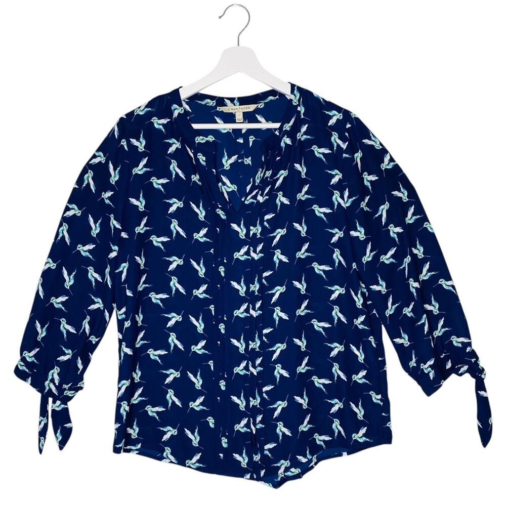 41 Hawthorn Navy Blue Bird Print Button-Front Blouse